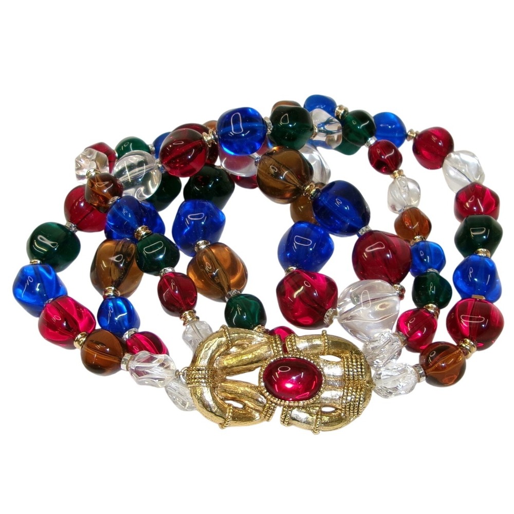Vintage Unsigned 3-Strand Colorful Chunky Acrylic Beaded Necklace